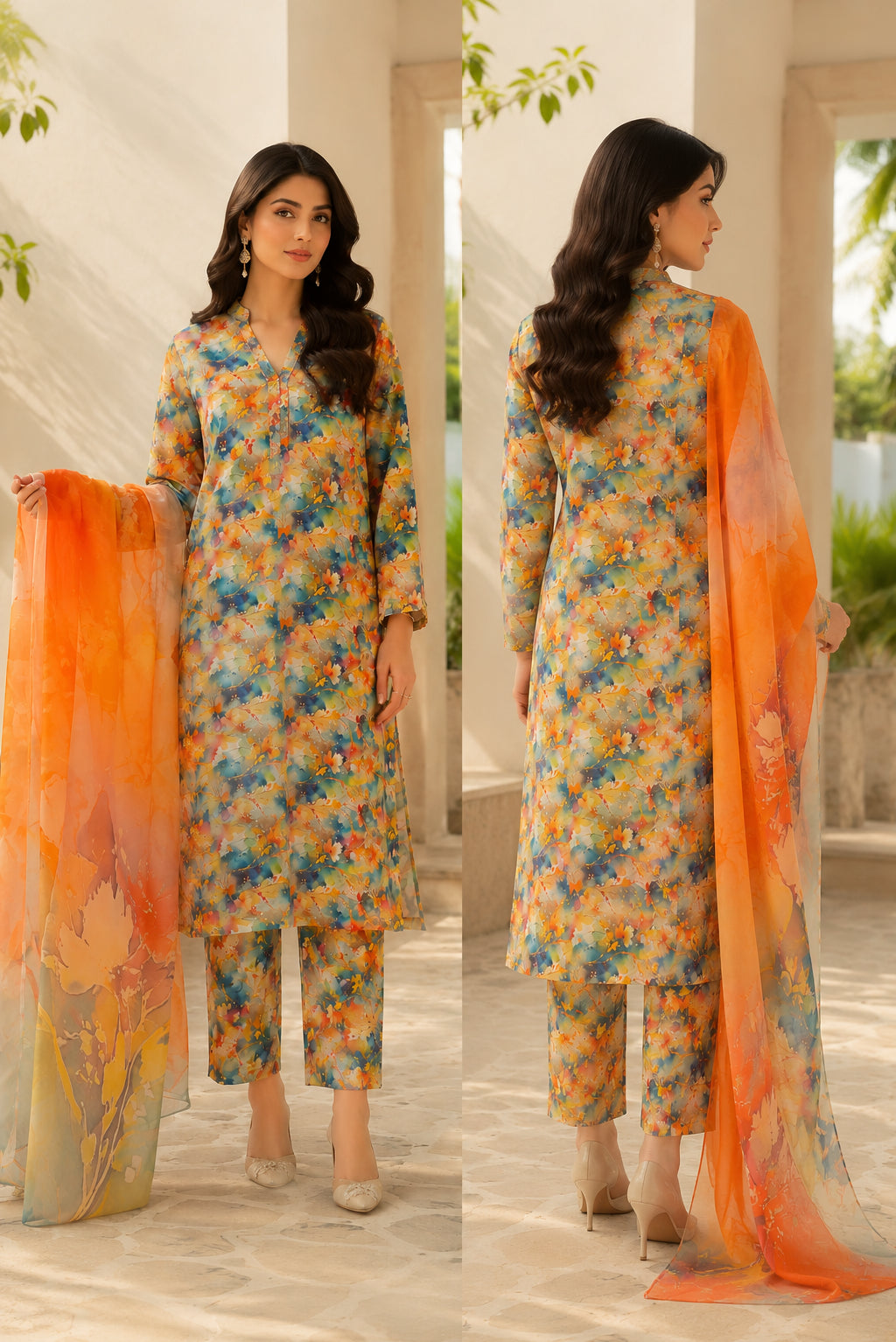 Unstitched Sunset Bloom Premium 3 Piece Lawn Suit- 3010
