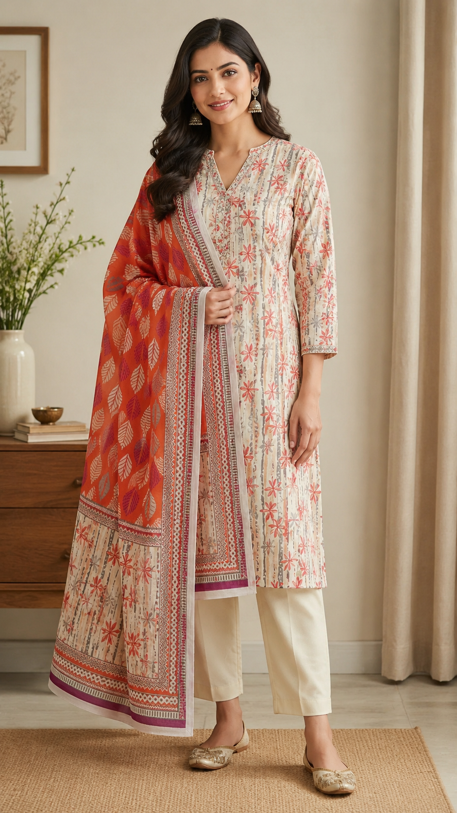 Premium unstitched beige and coral Pakistani 3 piece lawn suit with printed dupatta for summer collection