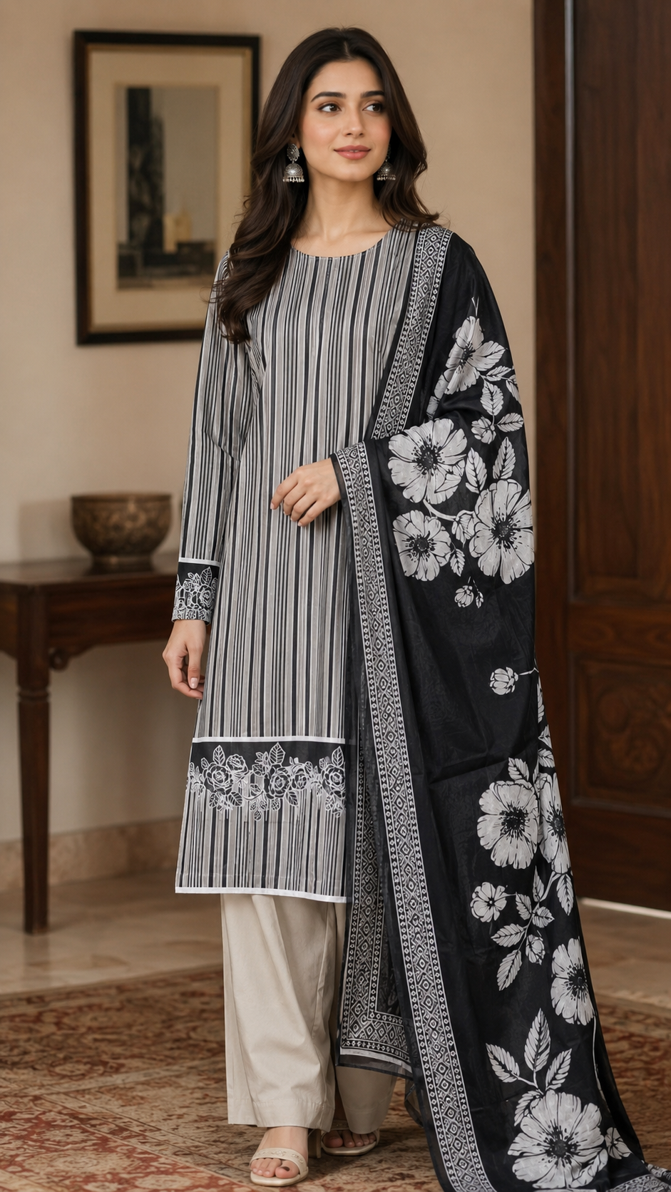 Woman wearing a traditional outfit with a black and white floral dupatta in an indoor setting.