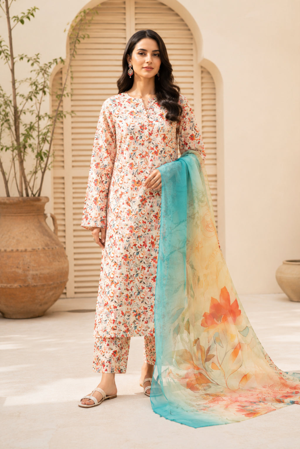 Pakistani unstitched 3 piece coral premium lawn suit with floral print, matching trousers and pure chiffon dupatta by Ezel