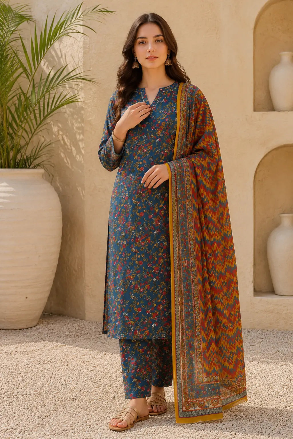 Pakistani unstitched blue 3 piece lawn suit with premium lawn fabric and elegant chiffon dupatta for summer wear