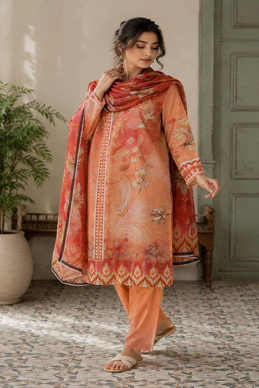 Woman wearing a peach-colored embroidered outfit with a matching dupatta in an indoor setting.
