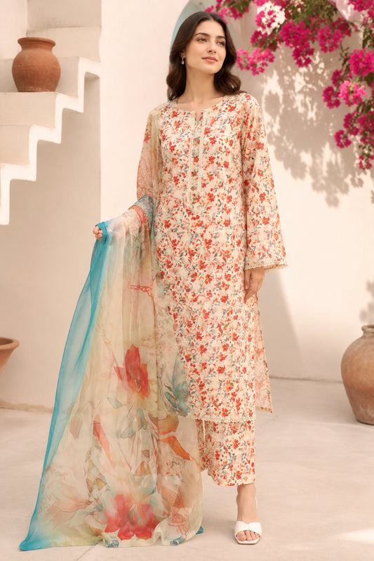 Premium unstitched coral floral lawn suit featuring printed lawn shirt, coordinating trouser and elegant chiffon dupatta for summer collection
