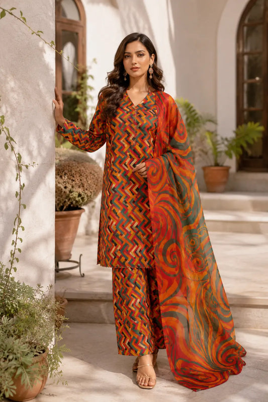 Premium unstitched geometric printed lawn suit featuring lawn shirt, matching trouser and elegant printed krinkle dupatta