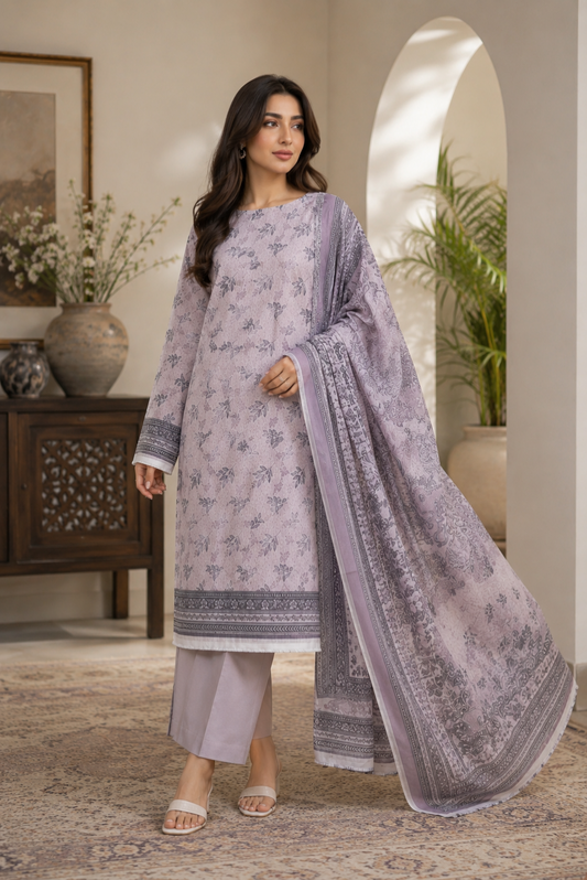 Premium lilac Pakistani unstitched lawn suit featuring soft floral print shirt, straight trouser and detailed printed dupatta