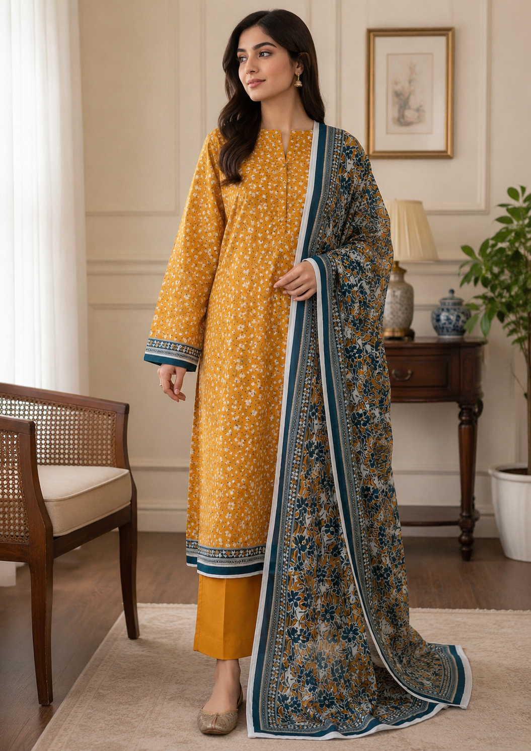 Premium mustard lawn suit for women featuring printed shirt trouser and elegant olive floral dupatta