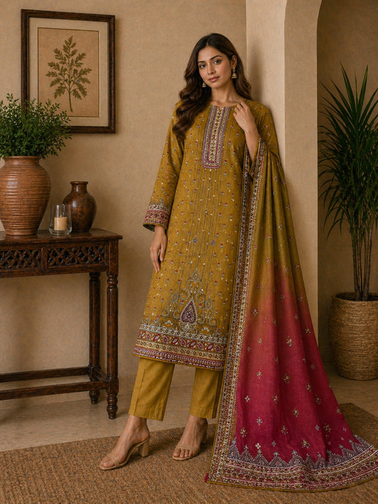 Premium Pakistani olive lawn suit featuring detailed shirt design with maroon contrast dupatta for summer wear