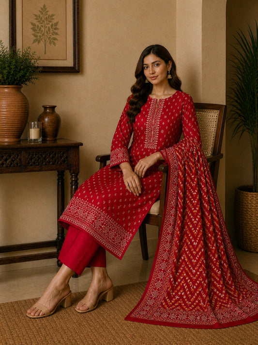 Premium red designer lawn suit featuring elegant printed shirt, trouser and dupatta for Pakistani summer fashion