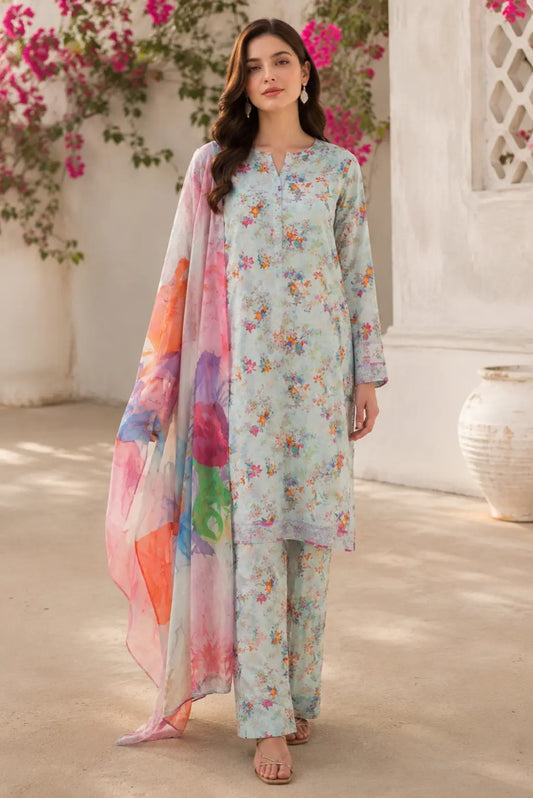 Sky blue floral unstitched Pakistani lawn suit with premium lawn shirt, trouser and chiffon dupatta for women
