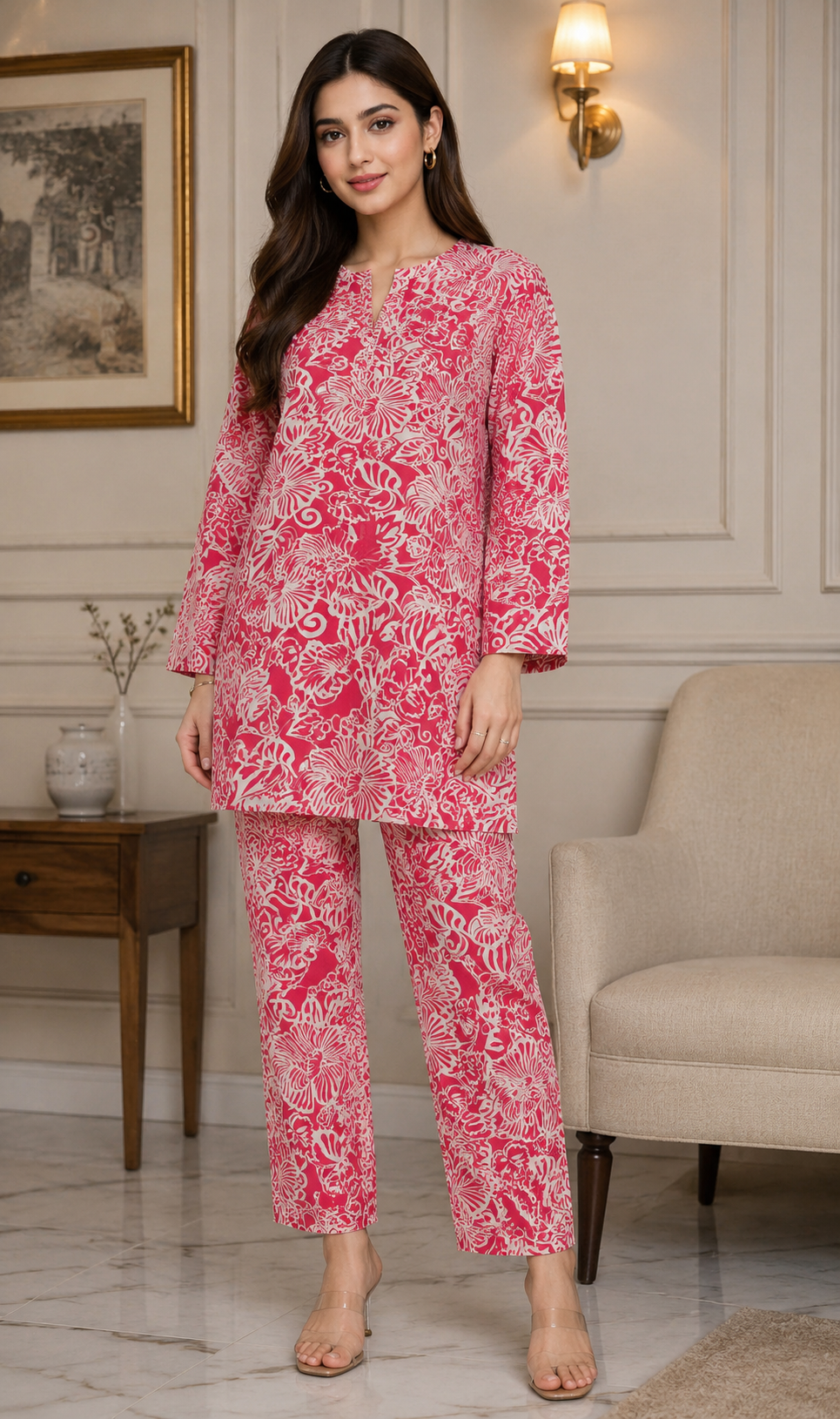 Unstitched premium fuchsia pink floral 2 piece lawn suit for women with printed shirt and matching trousers