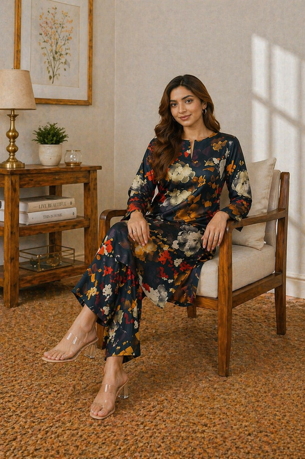 Unstitched black floral premium lawn 2 piece Pakistani suit with elegant artistic print and matching trousers.