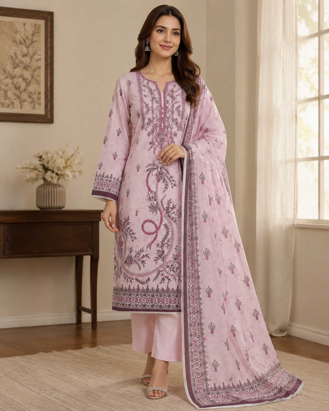 Woman wearing a pink embroidered traditional outfit in a room with a table and window.