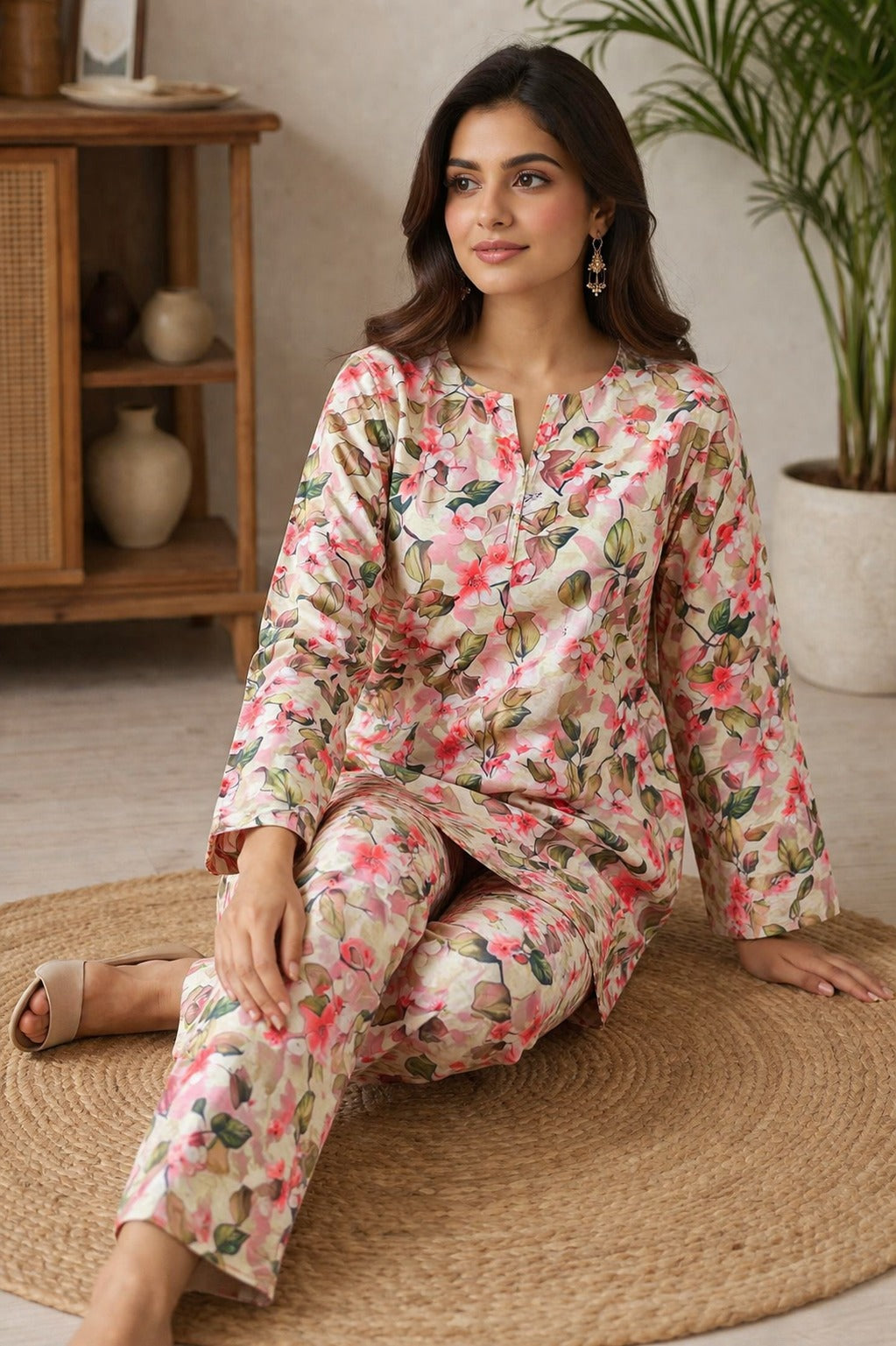 Women’s premium printed 2 piece unstitched lawn suit in soft floral print with matching trousers for stylish casual wear