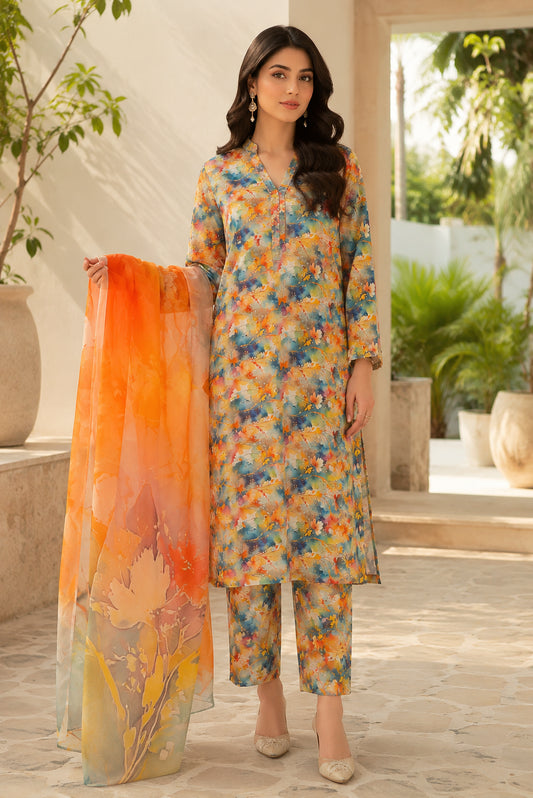 Unstitched Sunset Bloom Premium 3 Piece Lawn Suit- 3010