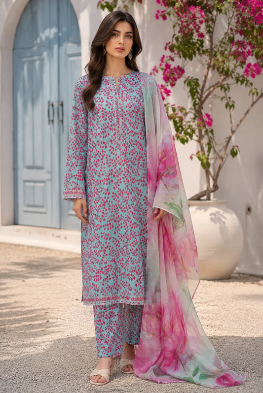 Aqua Blossom premium unstitched 3 piece lawn suit with pure chiffon floral dupatta for women in Pakistan