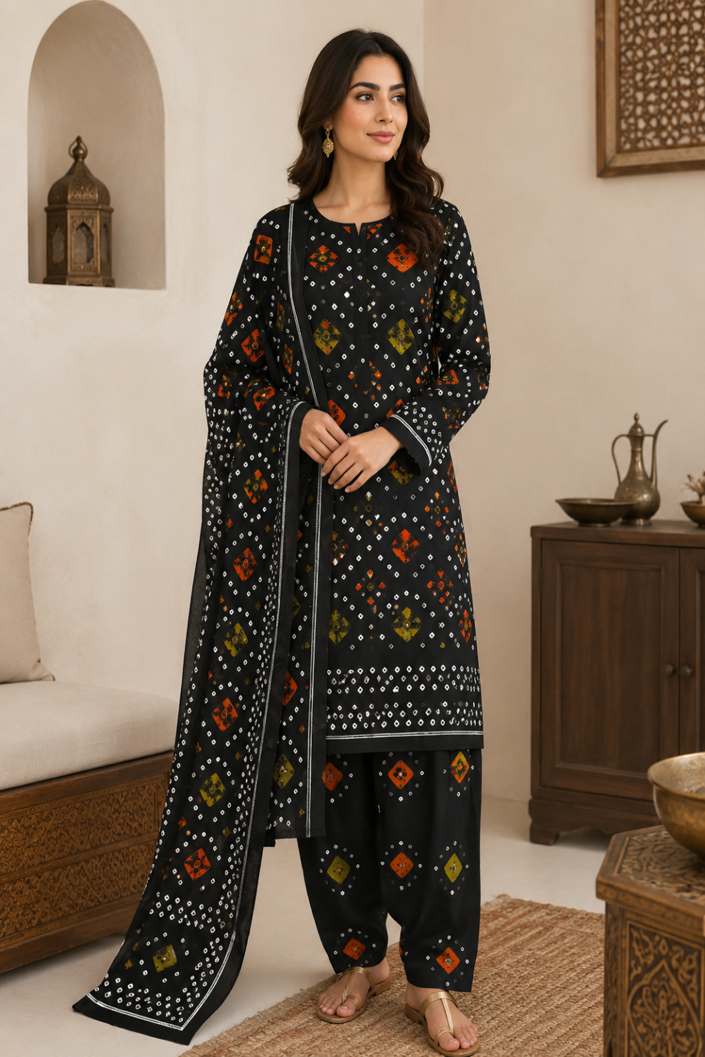 Black Bandhani inspired Pakistani premium lawn suit with elegant dupatta and unstitched trouser design