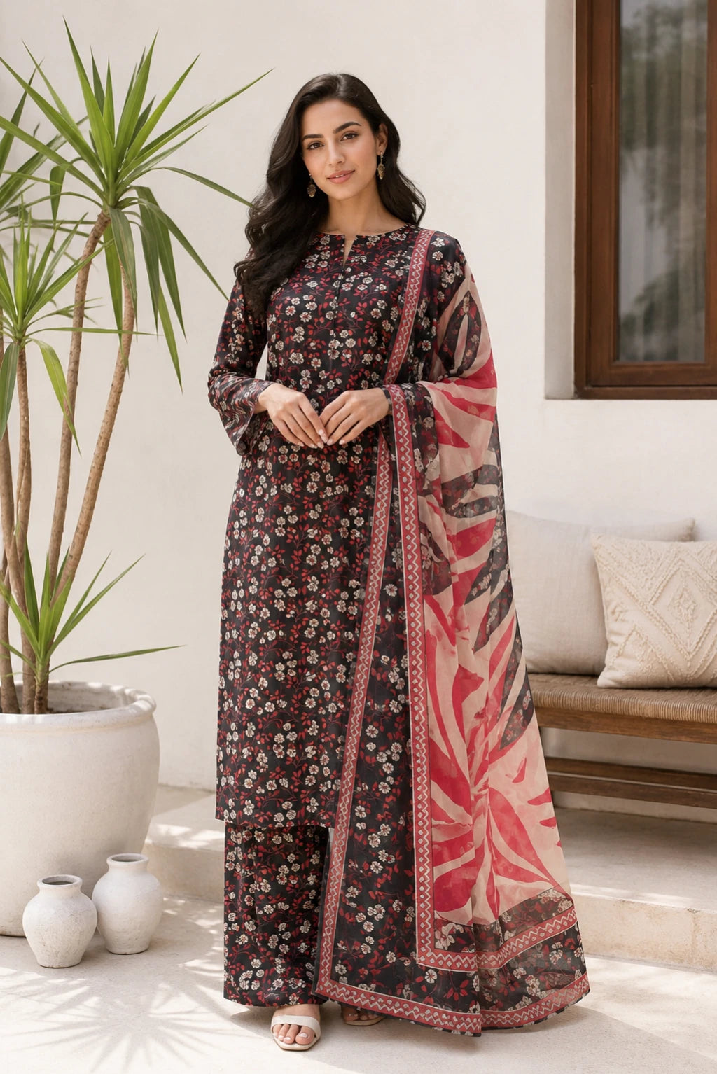 Black floral unstitched 3 piece Pakistani lawn suit featuring premium lawn shirt, trouser, and chiffon dupatta