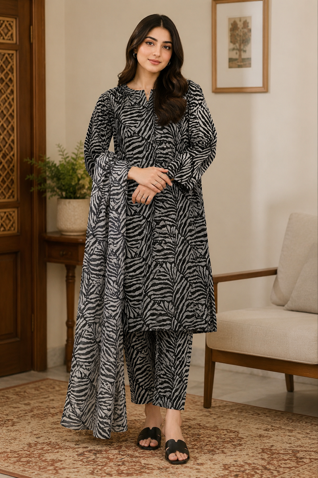 Premium unstitched black and grey zebra print lawn suit with printed shirt and matching trouser, ideal for trendy Pakistani summer fashion