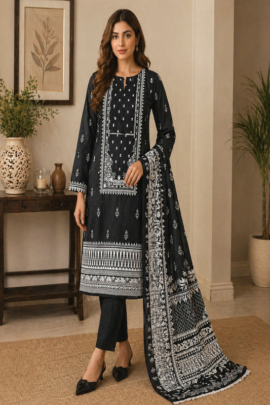 Elegant black unstitched 3 piece premium lawn suit with printed dupatta and matching trouser for women in Pakistan