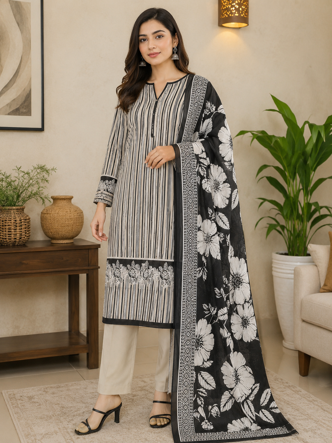 Woman wearing a black and white floral dress with a matching dupatta in a living room setting.