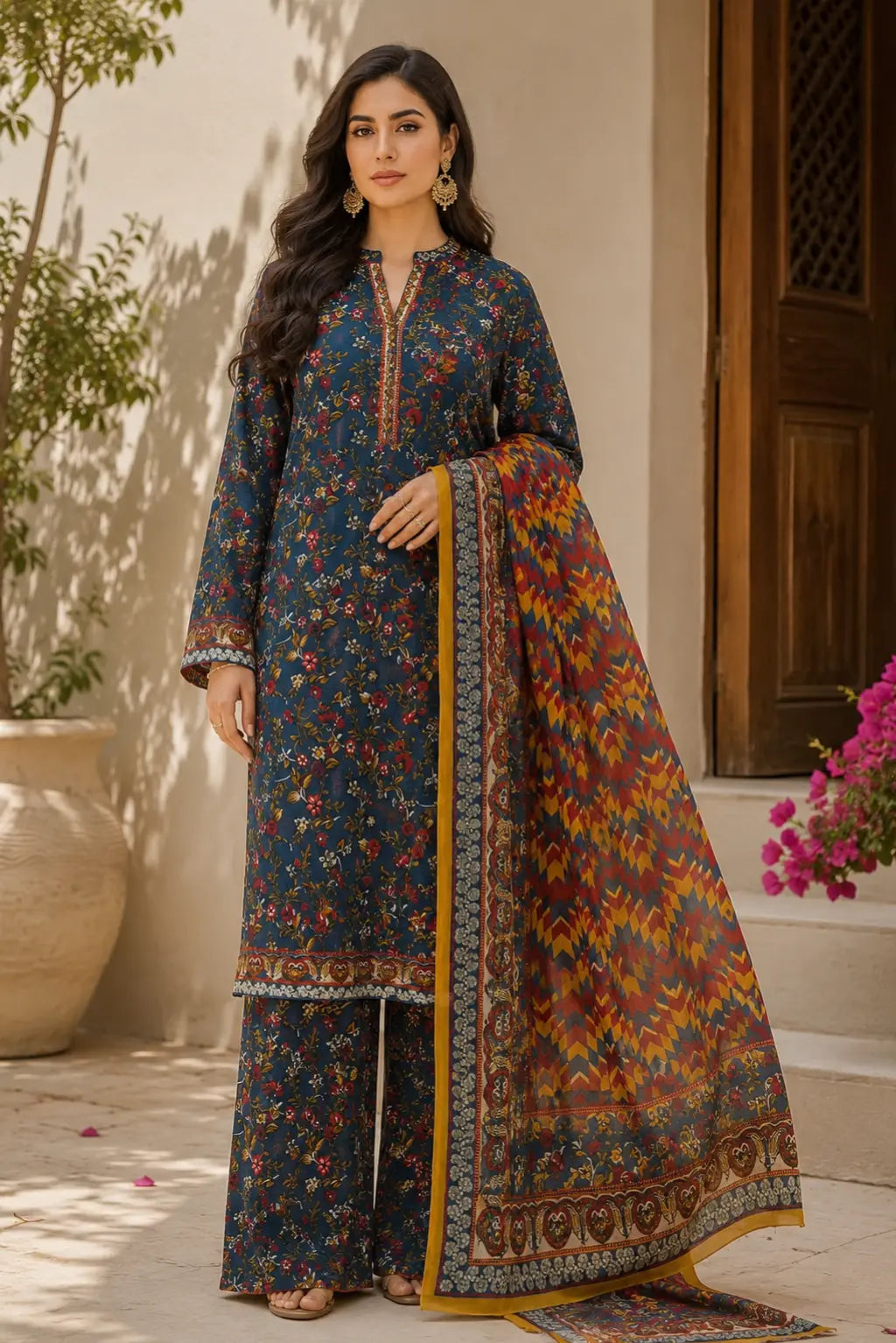 Blue floral unstitched premium lawn suit featuring printed shirt, matching trouser and chiffon dupatta