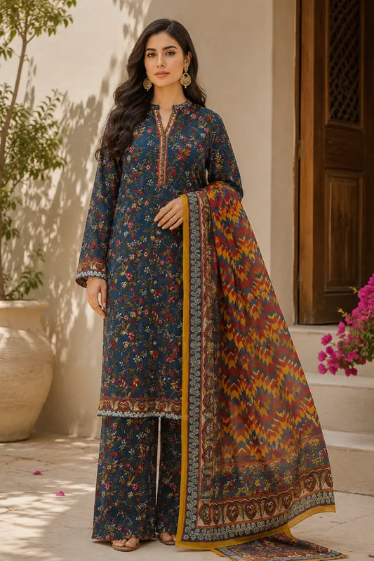 Blue floral unstitched premium lawn suit featuring printed shirt, matching trouser and chiffon dupatta