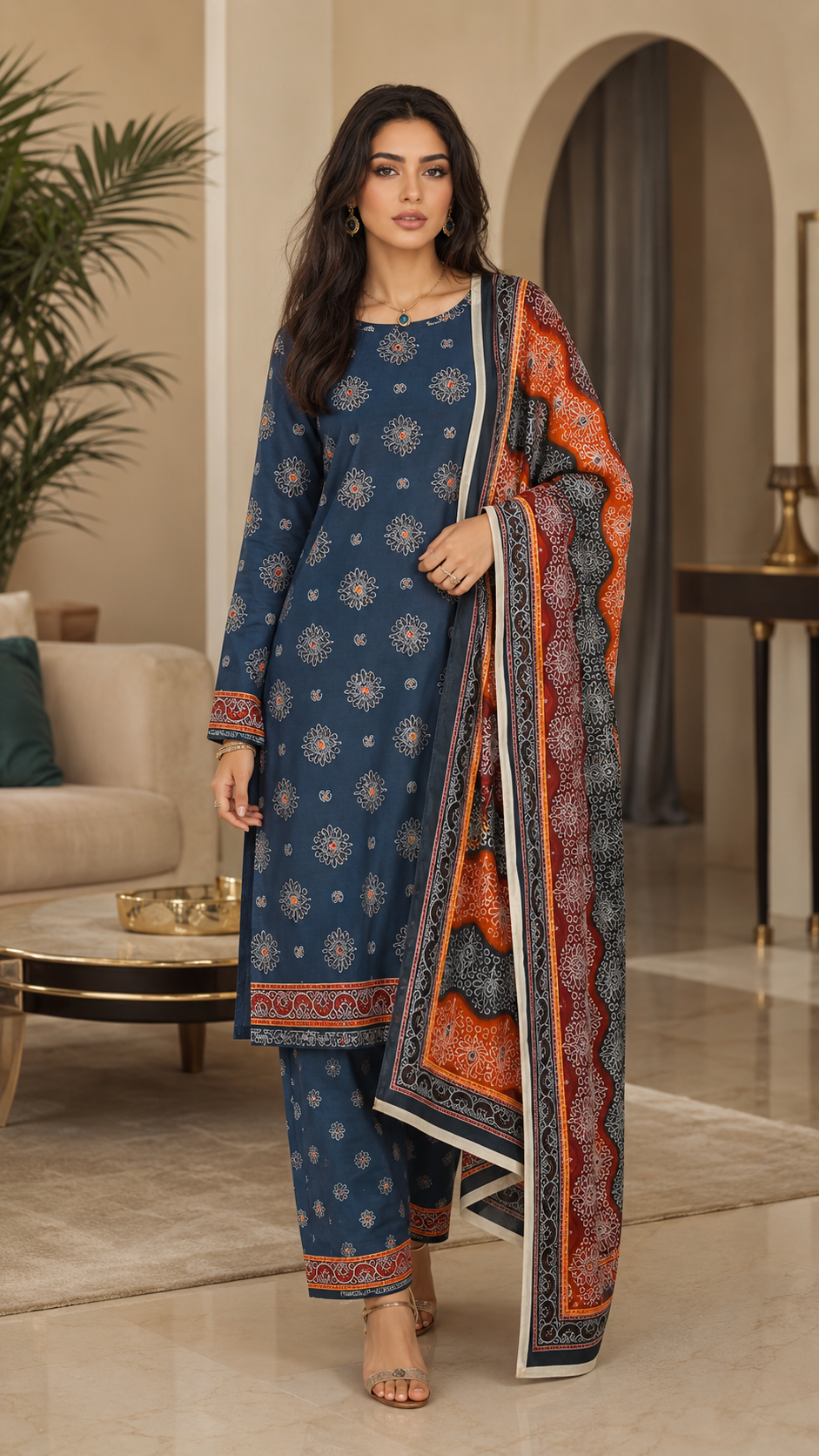 Elegant blue premium Pakistani lawn suit with matching trouser and printed dupatta