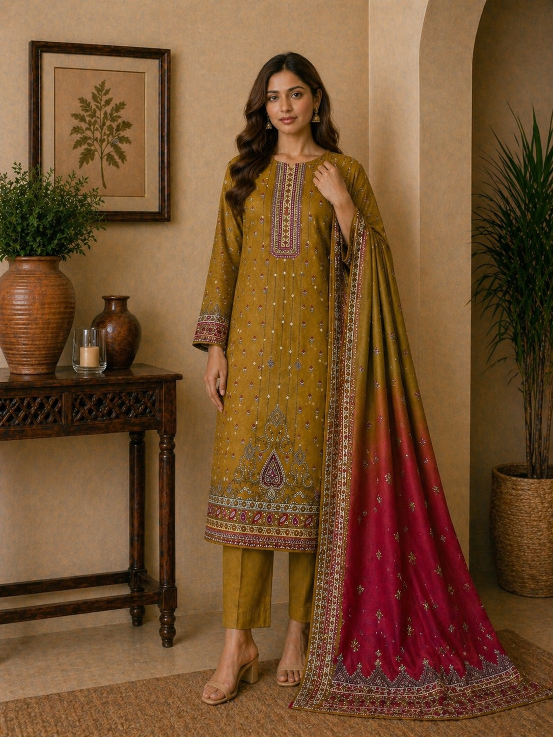 Designer unstitched 3 piece lawn suit in olive and maroon shades with premium lawn fabric for women in Pakistan