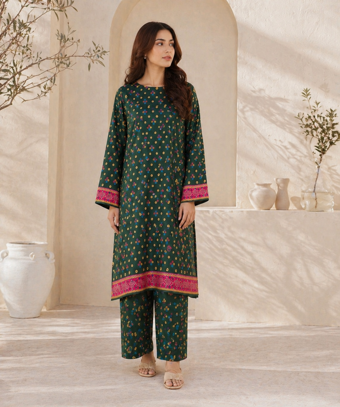 Stylish unstitched green lawn suit with ethnic print and pink embroidered neckline