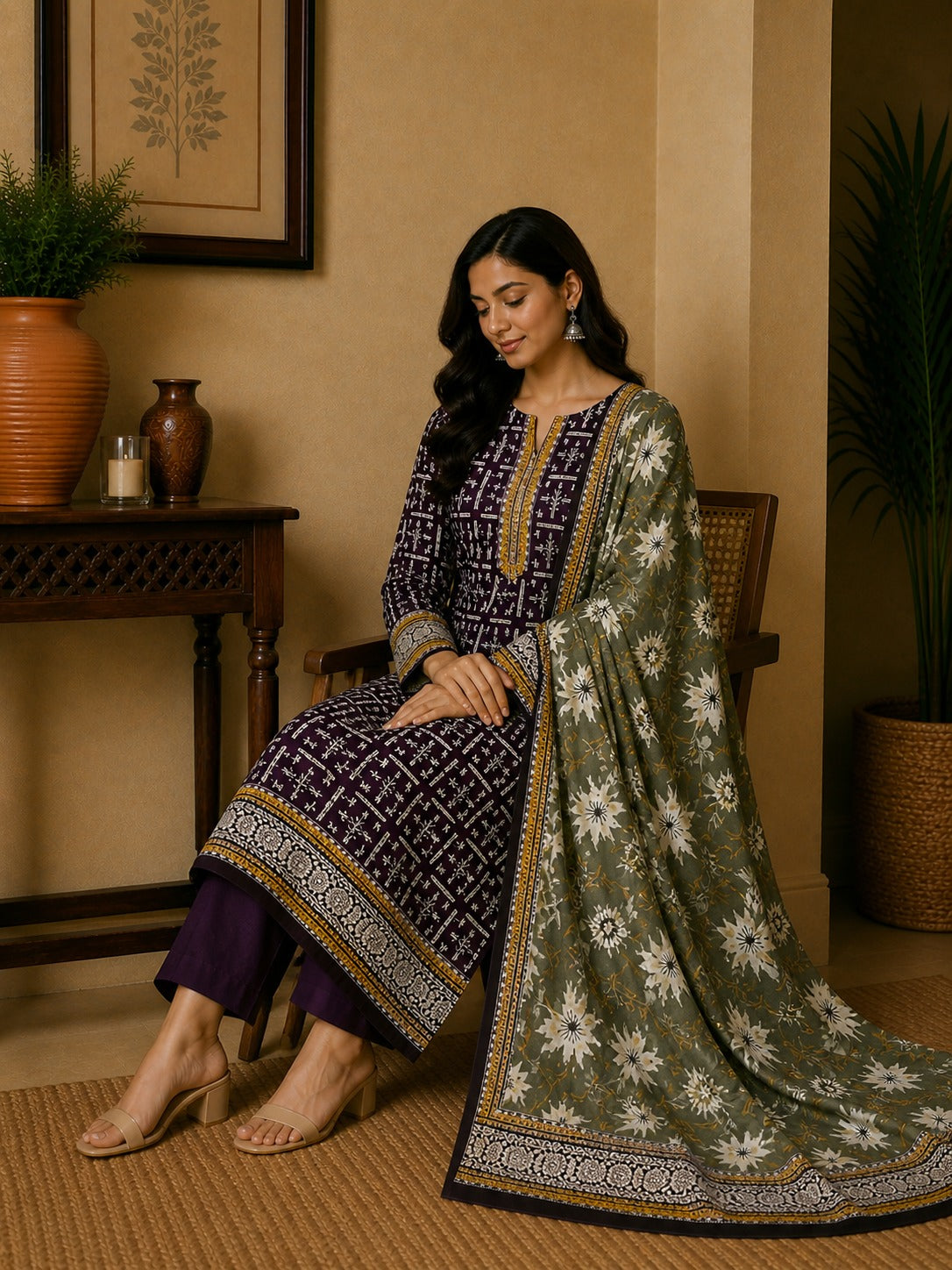 Designer unstitched 3 piece lawn dress in plum color with olive printed dupatta for ladies in Pakistan