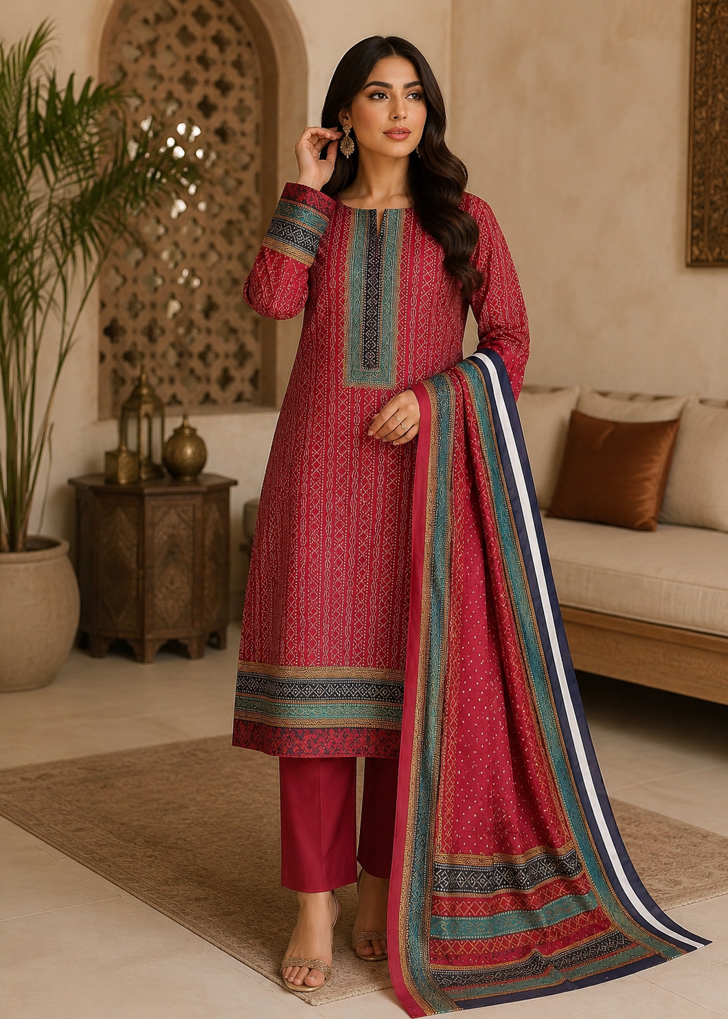Pakistani designer lawn suit with printed shirt trouser and dupatta 2026