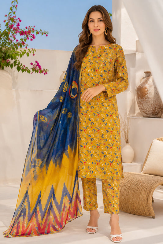 EZEL Mustard Aura unstitched premium 3 piece lawn suit with pure chiffon dupatta for Pakistani summer collection