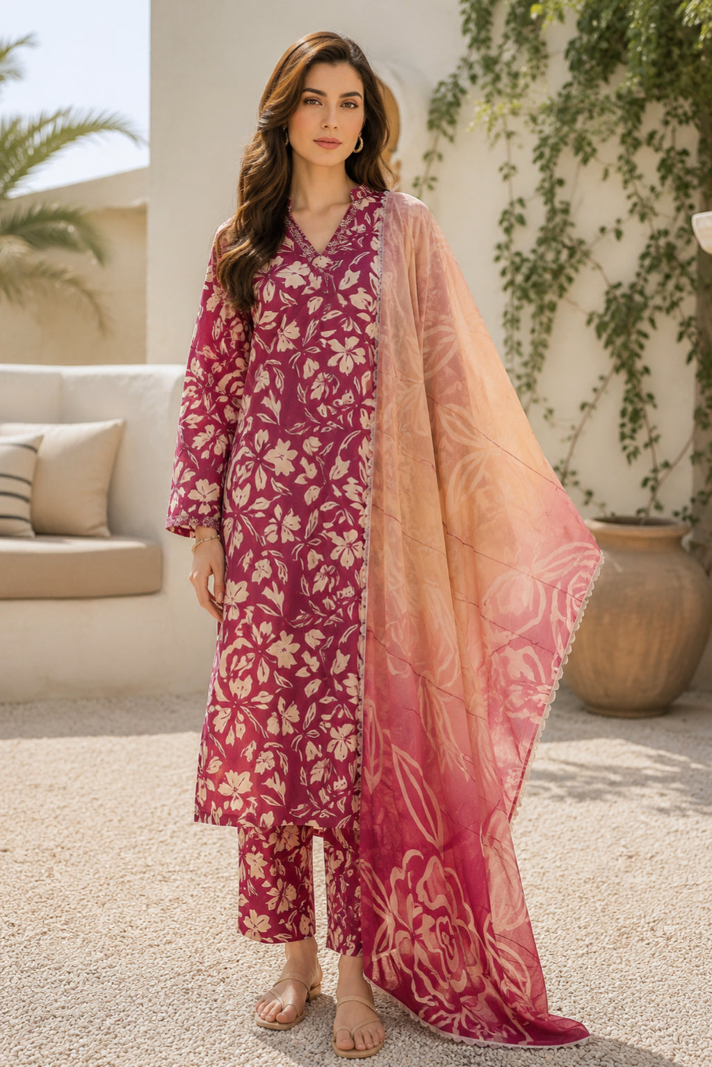 Ezel premium unstitched plum floral 3 piece lawn suit for women with pure chiffon dupatta, perfect for summer wear in Pakistan