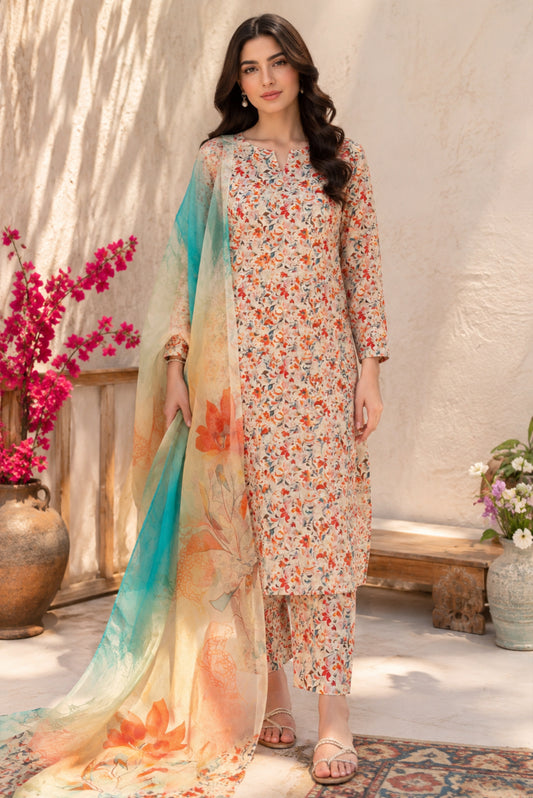 unstitched coral bloom 3 piece premium lawn suit with floral printed shirt, matching trouser and pure chiffon dupatta for women in Pakistan
