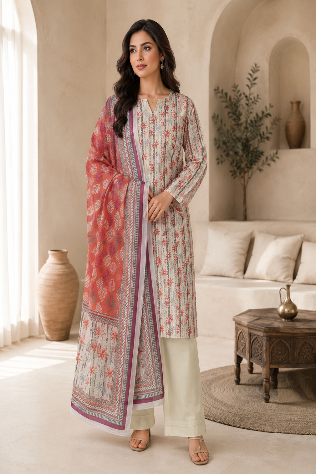 Elegant floral printed Pakistani lawn suit with coral dupatta and plain trouser for women