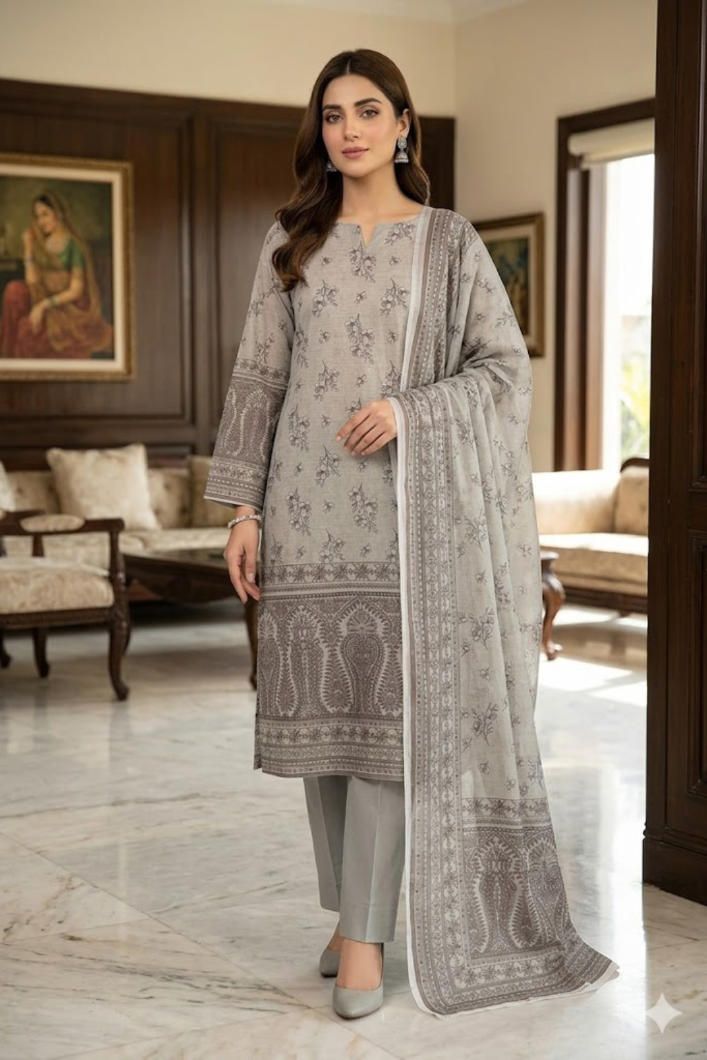 Premium 3 piece unstitched Pakistani lawn suit in elegant slate grey featuring intricate block print details on the shirt border and matching dupatta