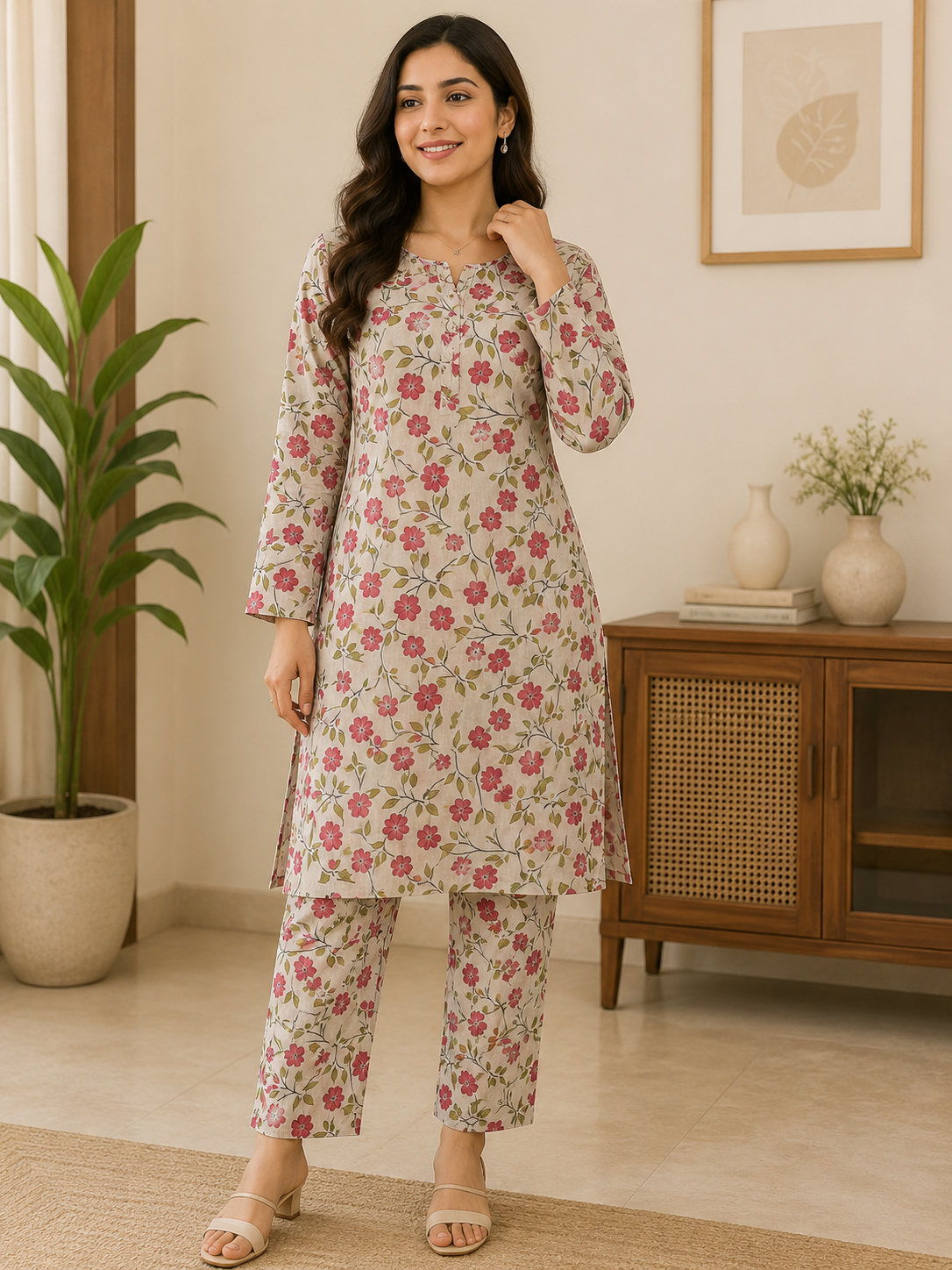 Trendy ivory pink floral printed 2 piece lawn suit for summer collection