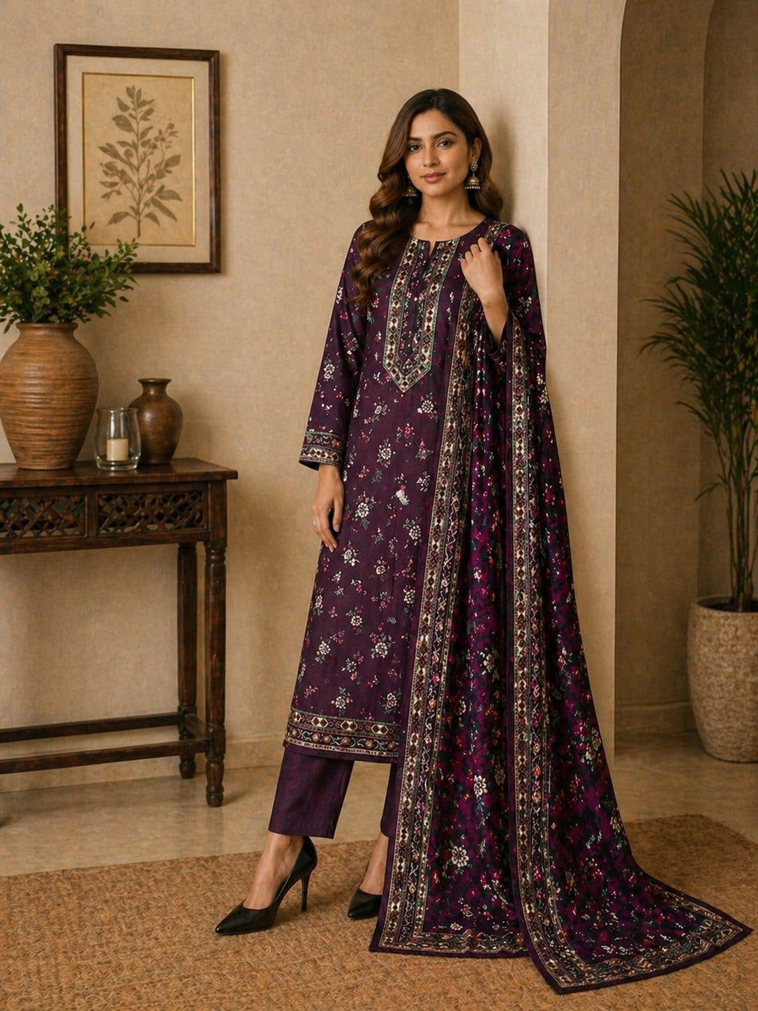 Luxury plum coloured unstitched Pakistani 3 piece lawn suit for women with trendy floral patterns and dupatta