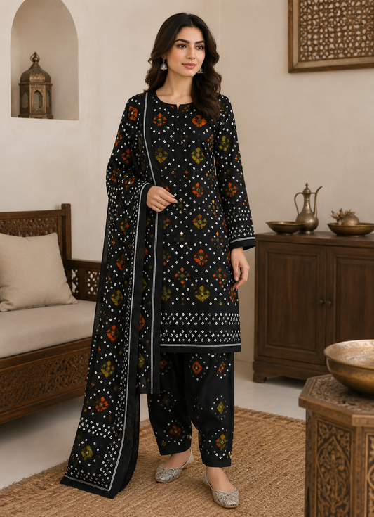 Midnight Amber Bandhani unstitched 3 piece premium lawn suit with black printed shirt, trouser and matching dupatta for women in Pakistan