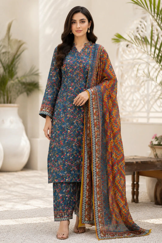 Midnight Azure Bloom unstitched 3 piece premium lawn suit with pure chiffon dupatta for women in Pakistan