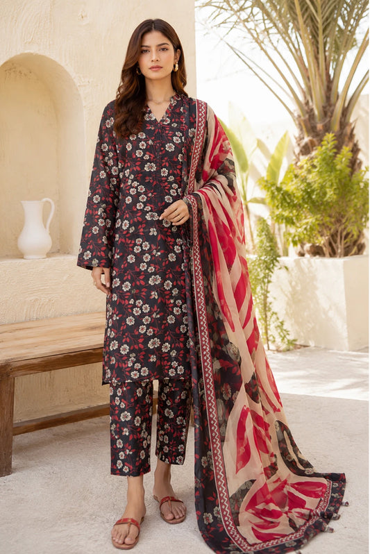 Midnight Crimson Blossom unstitched 3 piece premium lawn suit with pure chiffon dupatta by Ezel Pakistan