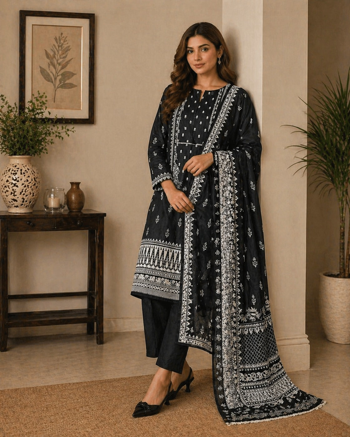 Stylish black and white Pakistani lawn suit featuring ethnic prints and premium summer fabric