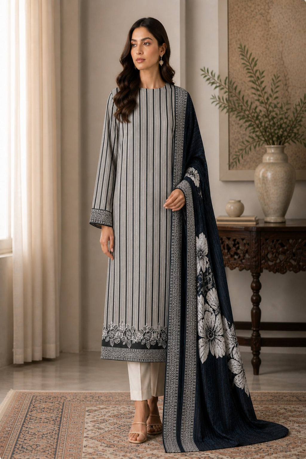 Midnight Pearl unstitched 3 piece premium lawn suit with striped shirt and floral dupatta for women