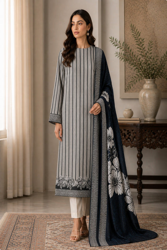 Midnight Pearl unstitched 3 piece premium lawn suit with striped shirt and floral dupatta for women