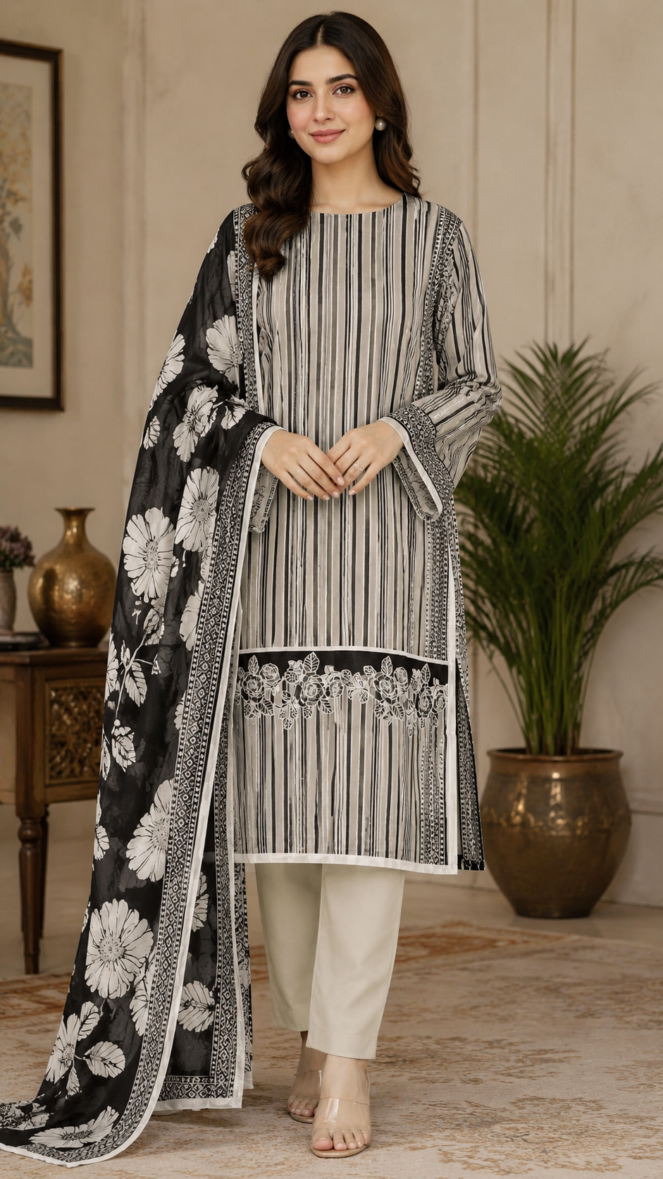 Woman wearing a black and white traditional outfit with floral patterns in an indoor setting.