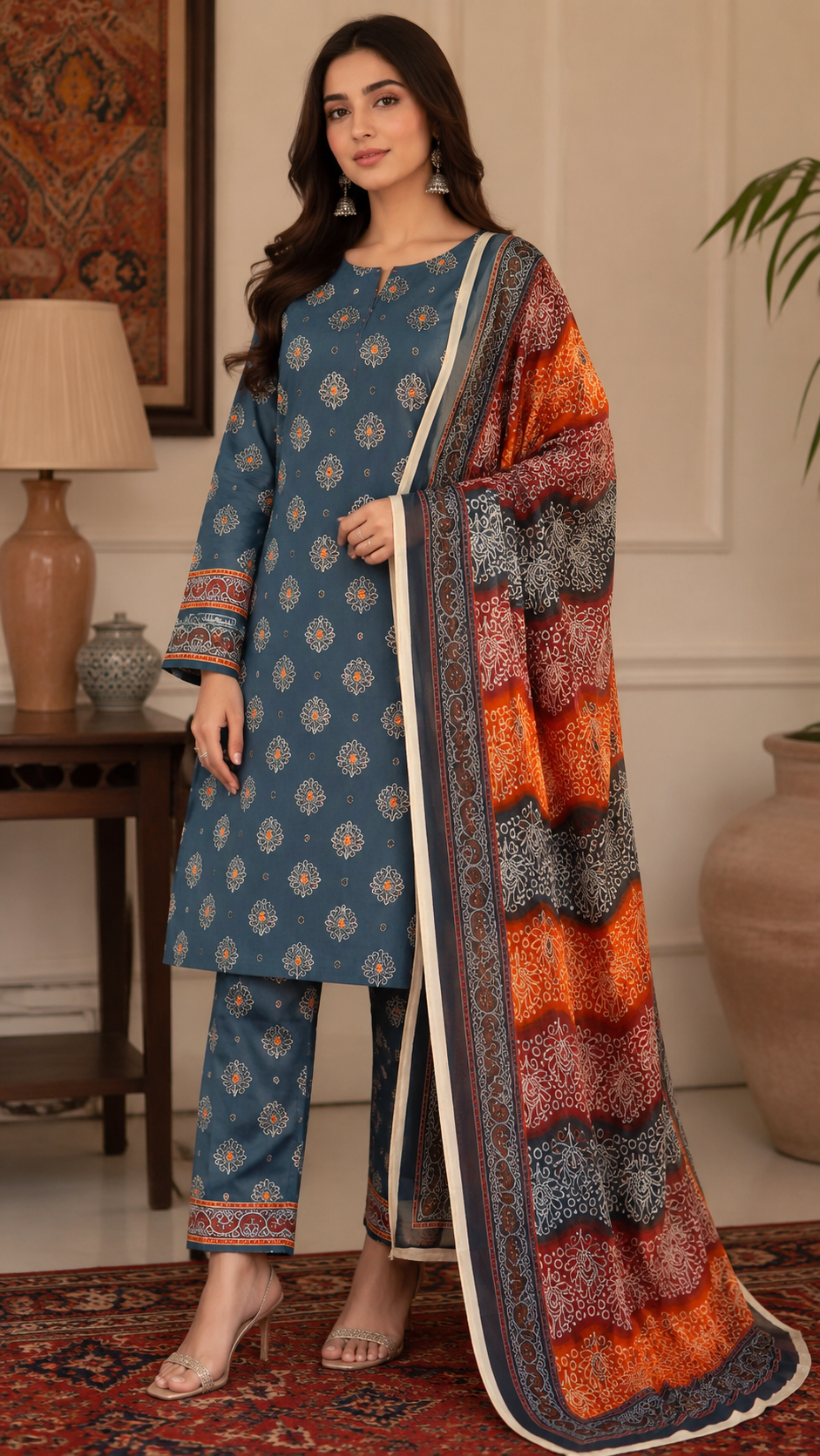 Unstitched midnight sapphire Pakistani 3 piece premium lawn suit with printed dupatta for women