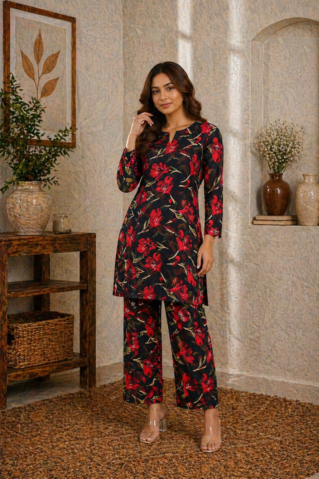 Stylish unstitched Pakistani lawn suit in black and red floral print with trendy wide-leg trousers for summer wear