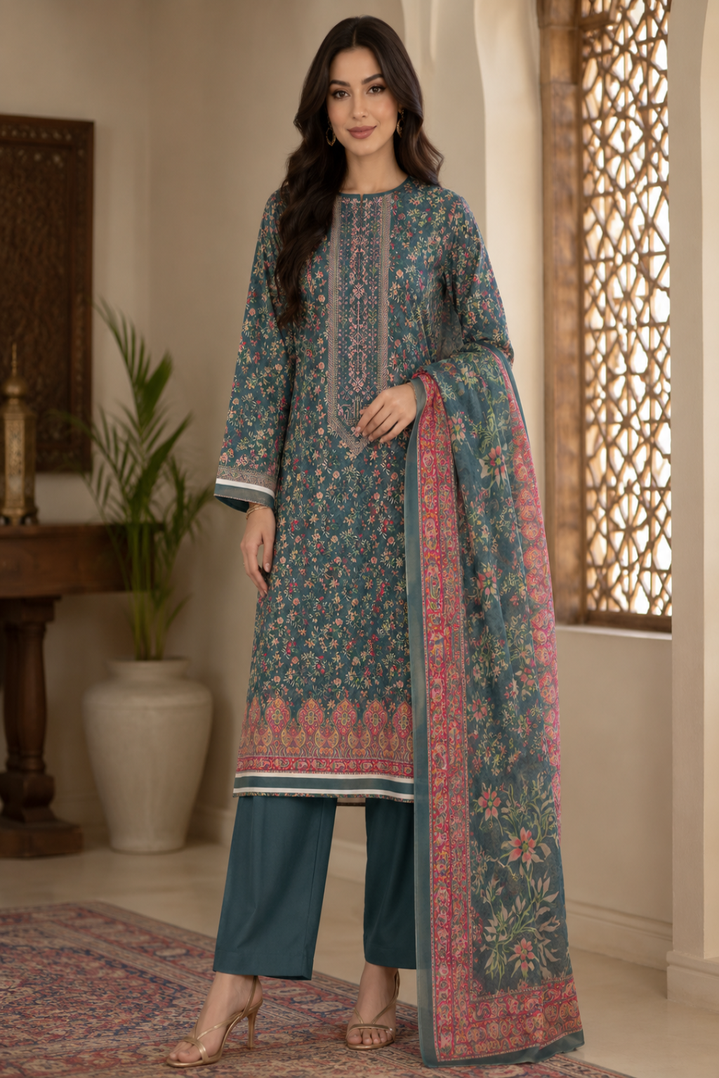 Unstitched midnight teal Pakistani 3 piece premium lawn suit with floral printed dupatta and matching trouser