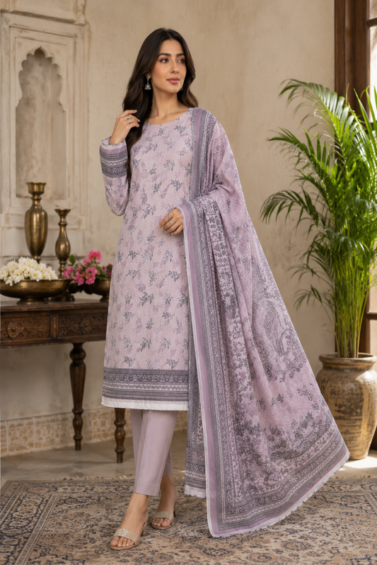 Unstitched Misty Lavender Grace premium 3 piece lawn suit with printed shirt, matching trouser and elegant printed dupatta for women in Pakistan