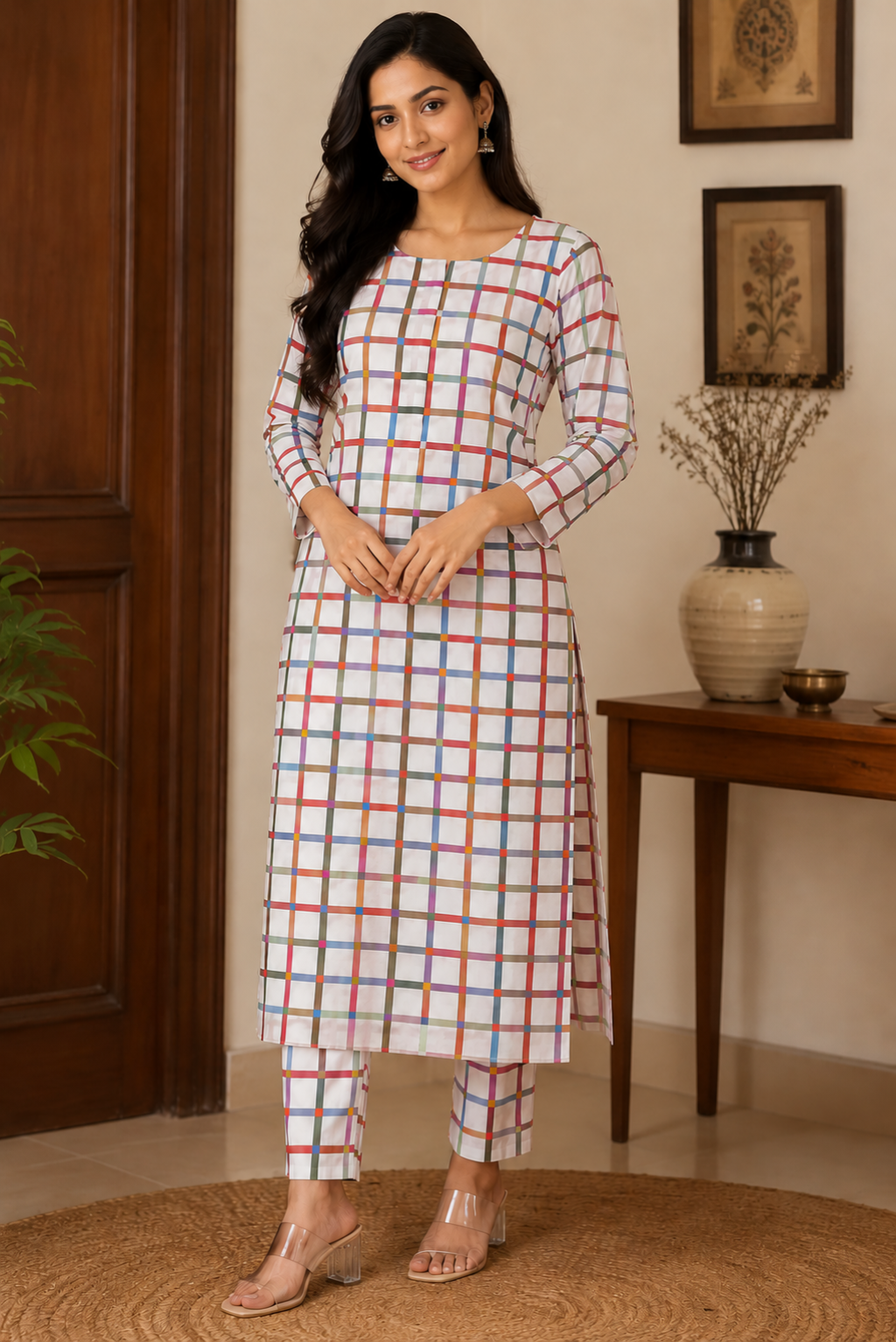 Women's unstitched premium lawn shirt and trouser set with elegant multicolor check print design, perfect for summer wear in Pakistan